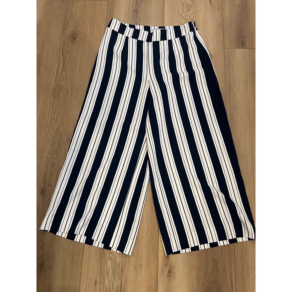 H&M Womens US‎ 6 Navy White Striped Wide Leg Culotte Crop Pants High Rise